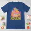Blue t-shirt with repeating "Squish Squish Squish" text and a pile of colorful kawaii squishy toys graphic