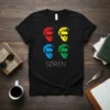 Søren Kierkegaard pop art design with four colored portraits and the name SØREN below on a black t-shirt
