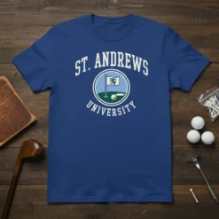 St. Andrews University golf t-shirt with crest design showing flag, golf ball, and lion emblem