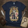 St. Joan of Arc Pray For Us t-shirt design with angelic warrior in armor holding sword and shield, surrounded by