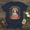 St. Maria Goretti Pray For Us t-shirt design with a young girl holding roses and a cross, surrounded by stars