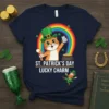 St. Patrick's Day Lucky Charm T-Shirt featuring a cute orange cat in a leprechaun hat holding a phone, with a