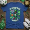 St. Patrick's Day Lucky Hoops t-shirt with a basketball-playing leprechaun graphic and shamrocks