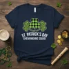 St. Patrick's Day Shenanigans Squad text with green buffalo plaid and leopard print shamrock design on a navy t-shirt