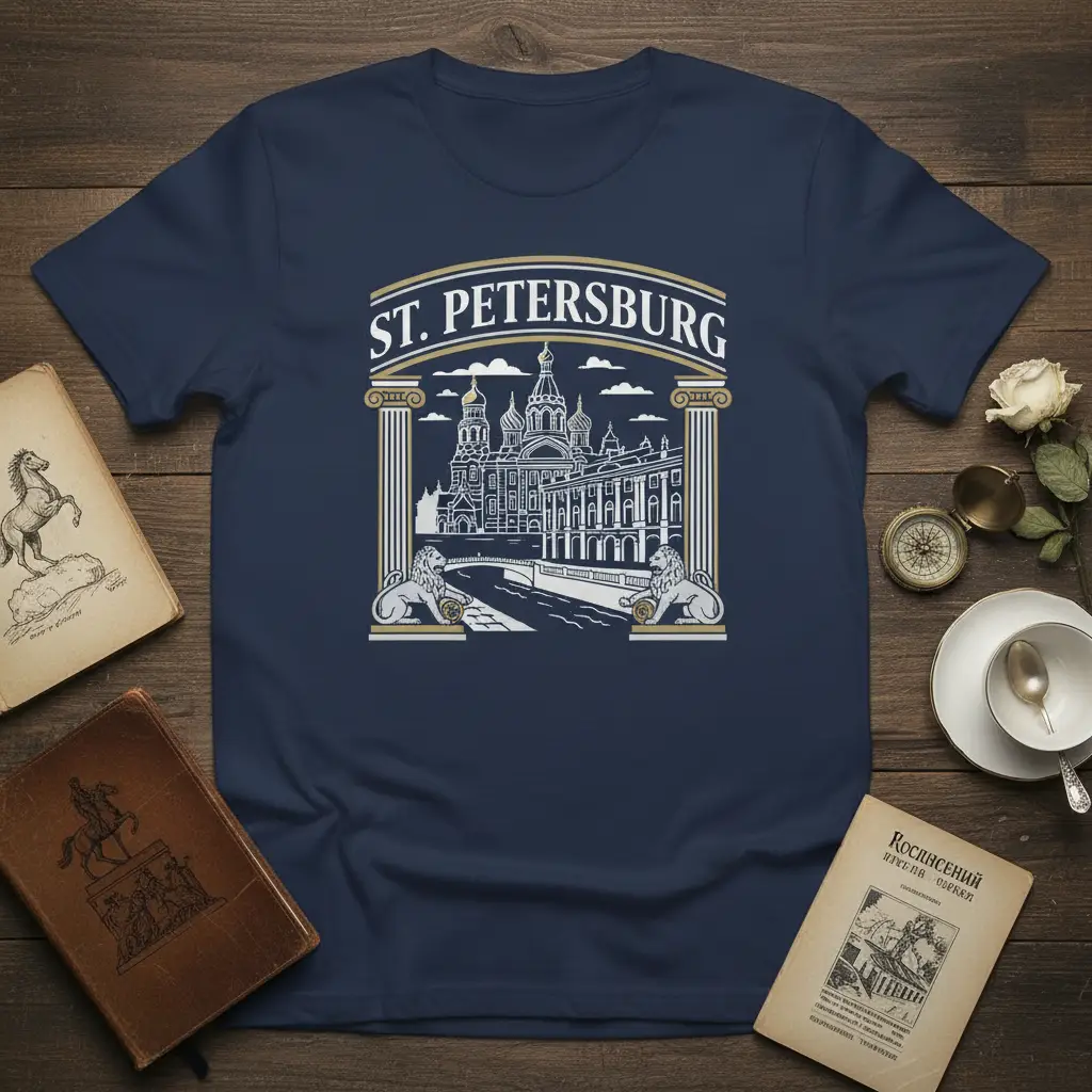 St. Petersburg text above detailed illustration of historic architecture and flanking lion sculptures on a t-shirt