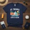 St. Tropez Côte d'Azur t-shirt with sailboat and French coastal town graphic, navy blue tee