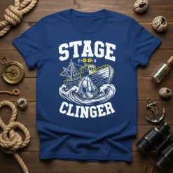Stage FOV Clinger t-shirt design with a fishing boat in rough seas, white text on navy blue shirt