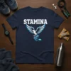 Navy blue t-shirt with white and blue "STAMINA" text above a stylized white and blue phoenix graphic