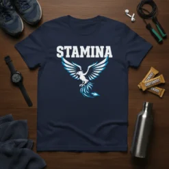 Navy blue t-shirt with white and blue "STAMINA" text above a stylized white and blue phoenix graphic