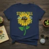 Navy t-shirt with "STAND TALL And Face The SUNLIGHT" text above a yellow sunflower graphic