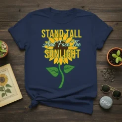 Navy t-shirt with "STAND TALL And Face The SUNLIGHT" text above a yellow sunflower graphic