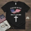 Black t-shirt with "Stand For The Flag Kneel At The Cross" text, American flag wings, and a white cross graphic