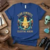 Star Cowboys Celestial Riders t-shirt design featuring a UFO, bull skull, cacti, and starry desert landscape