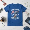 Star Hopper Cosmic Explorer t-shirt design with astronaut bunny holding American flag and Saturn graphic