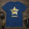 Navy t-shirt with a gold and silver star graphic and the text "STAR PERFORMER" in gold lettering