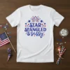 White t-shirt with "STAR SPANGLED & sassy" text in blue and red, surrounded by stars and fireworks graphic