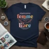 Navy blue t-shirt with "starccove femme libre" text, a bird graphic, and colorful lettering