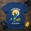 Starry Night Feline Dreams t-shirt with a blue cat reaching for the moon and stars, featuring celestial swirls and landscape