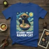 Starry Night Ramen Cat T-Shirt featuring a black cat eating ramen, inspired by Van Gogh's Starry Night painting