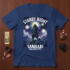 Samurai warrior in armor against a Van Gogh-inspired Starry Night sky, text "Starry Night Samurai Van Gogh Style"