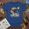 Starry Night Van Goghasaur T-Shirt featuring a purple T-Rex skeleton in a swirling Van Gogh-inspired background