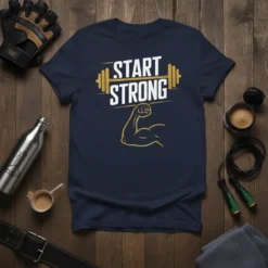 Start Strong text with barbell graphic and flexed arm on a navy blue t-shirt for gym motivation