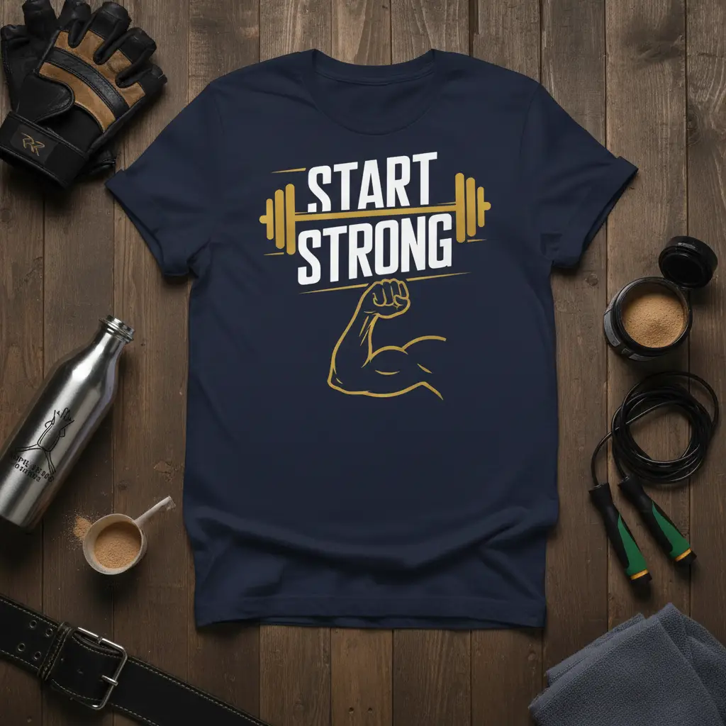 Start Strong Gym Motivation T-Shirt Workout Fitness Gift