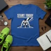 Blue t-shirt with "START TODAY" text above a runner in starting position graphic