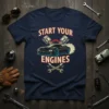 Start Your Engines t-shirt design with a black sports car, pistons, and wrenches
