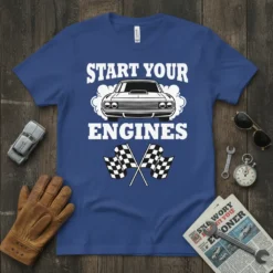 Start Your Engines T-Shirt with classic car graphic and checkered flags, designed for racing enthusiasts
