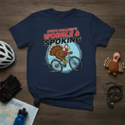 State College's Wobble & Spoking t-shirt with a cartoon turkey riding a bicycle, navy blue shirt