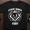 Black t-shirt with white "STATIC SHOCK FURY" text and a white graphic of a fierce cat with lightning bolt eyes