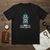 Black t-shirt with blue and white design of the Stauhoff clock tower and text "STAUHOFF UHRMACHER SEIT 1888"