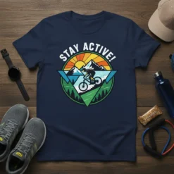 Mountain biker riding downhill with "STAY ACTIVE!" text above, surrounded by mountains and trees