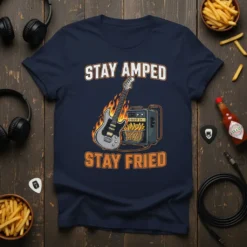 Stay Amped Stay Fried t-shirt design featuring an electric guitar on fire next to a guitar amp filled with french