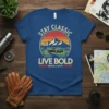 Stay Classic Live Bold Black & Lavy t-shirt with vintage car, mountains, and sunset graphic