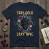 Stay Gold Stay Trve inspirational quote on a dark navy t-shirt with an anatomical heart and rose graphic