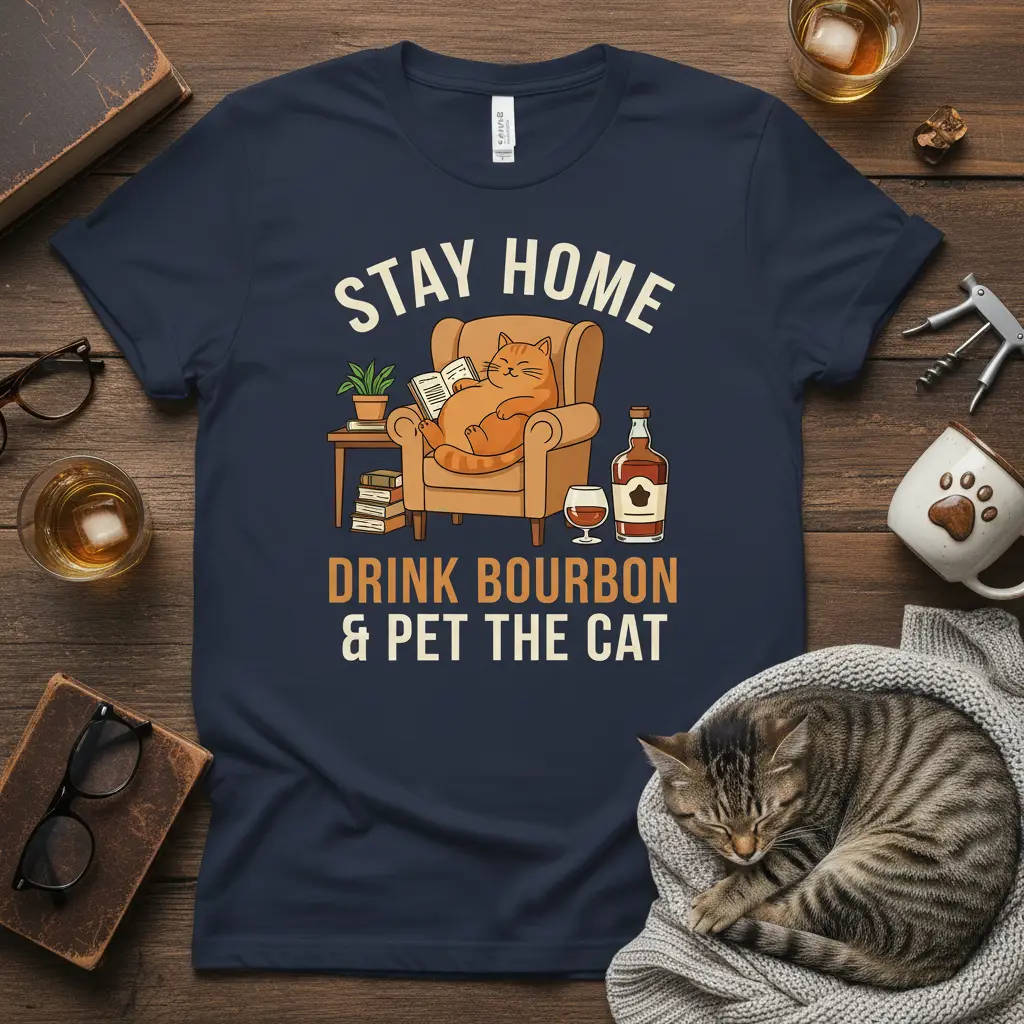 Stay Home Drink Bourbon & Pet The Cat humorous quote on a navy blue t-shirt with a cozy cat reading and bourbon