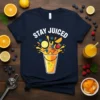 Stay Juiced text with a colorful splash of oranges, lemons, blueberries, and raspberries in a glass design on a navy