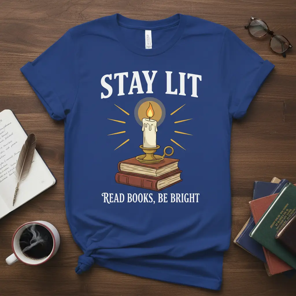 Stay Lit Read Books, Be Bright quote on a blue t-shirt with a lit candle and books graphic