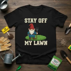 Stay Off My Lawn t-shirt with a gnome holding a pitchfork, on a black tee