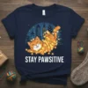 Stay Pawsitive text with a cute orange cat tangled in Christmas lights, set against a city skyline background on a