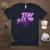 Stay Strong T-Shirt with purple ribbon and mountain graphic, awareness apparel for cancer support