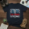 Stay Strong Your Story Isn't Over Yet quote on a navy t-shirt with mountain graphic