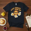 Stay Sunny Side Up quote on a black t-shirt with a cartoon sun and fried eggs, featuring a retro vibe
