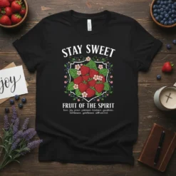 Black t-shirt with "Stay Sweet Fruit of the Spirit" text and a strawberry wreath graphic, listing virtues like love, joy