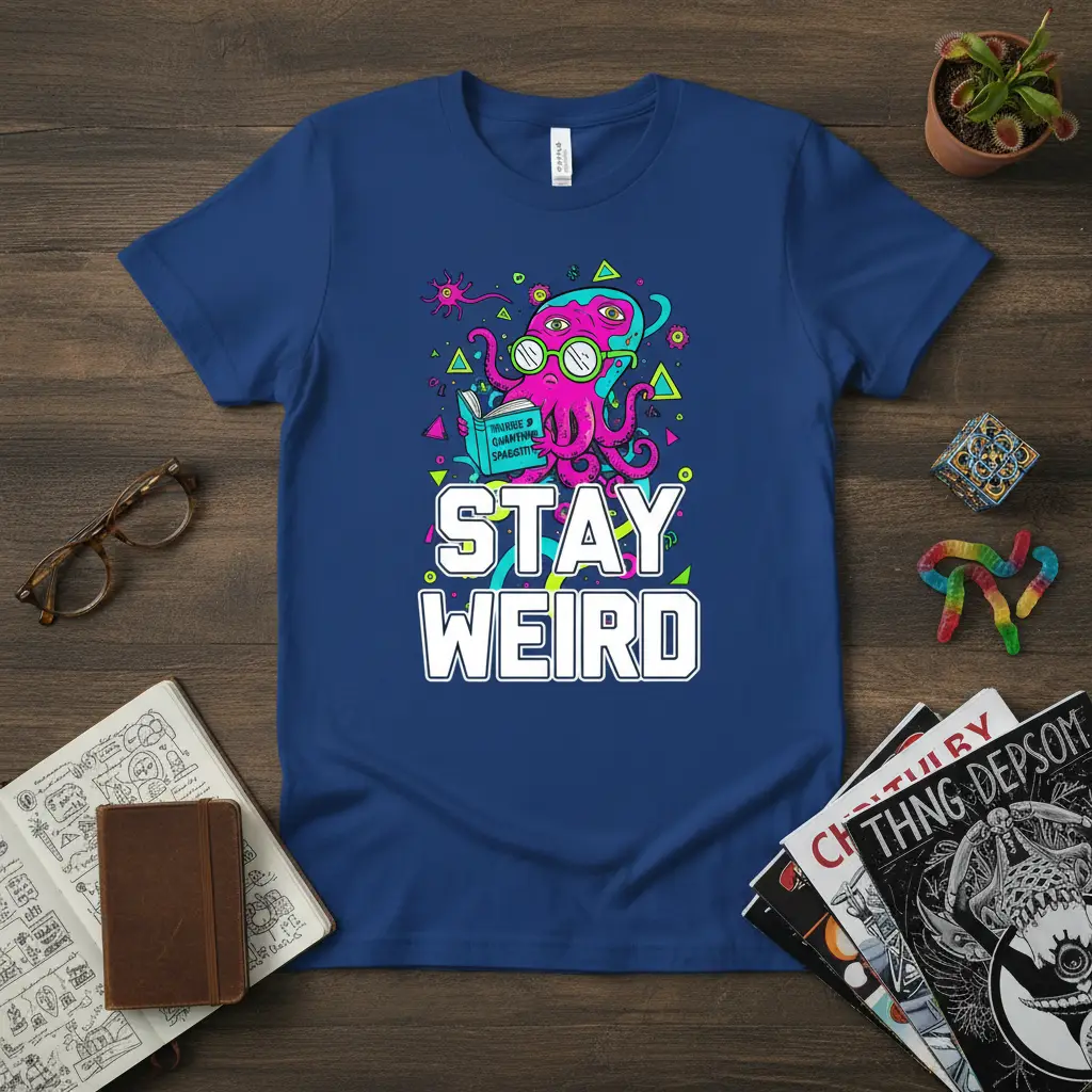 Stay Weird graphic tee featuring a pink octopus reading a book about quarantine space suits, with vibrant abstract art elements