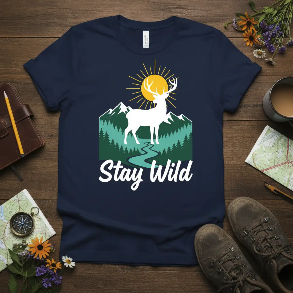 Stay Wild t-shirt design with white deer, mountains, sun, and forest graphic