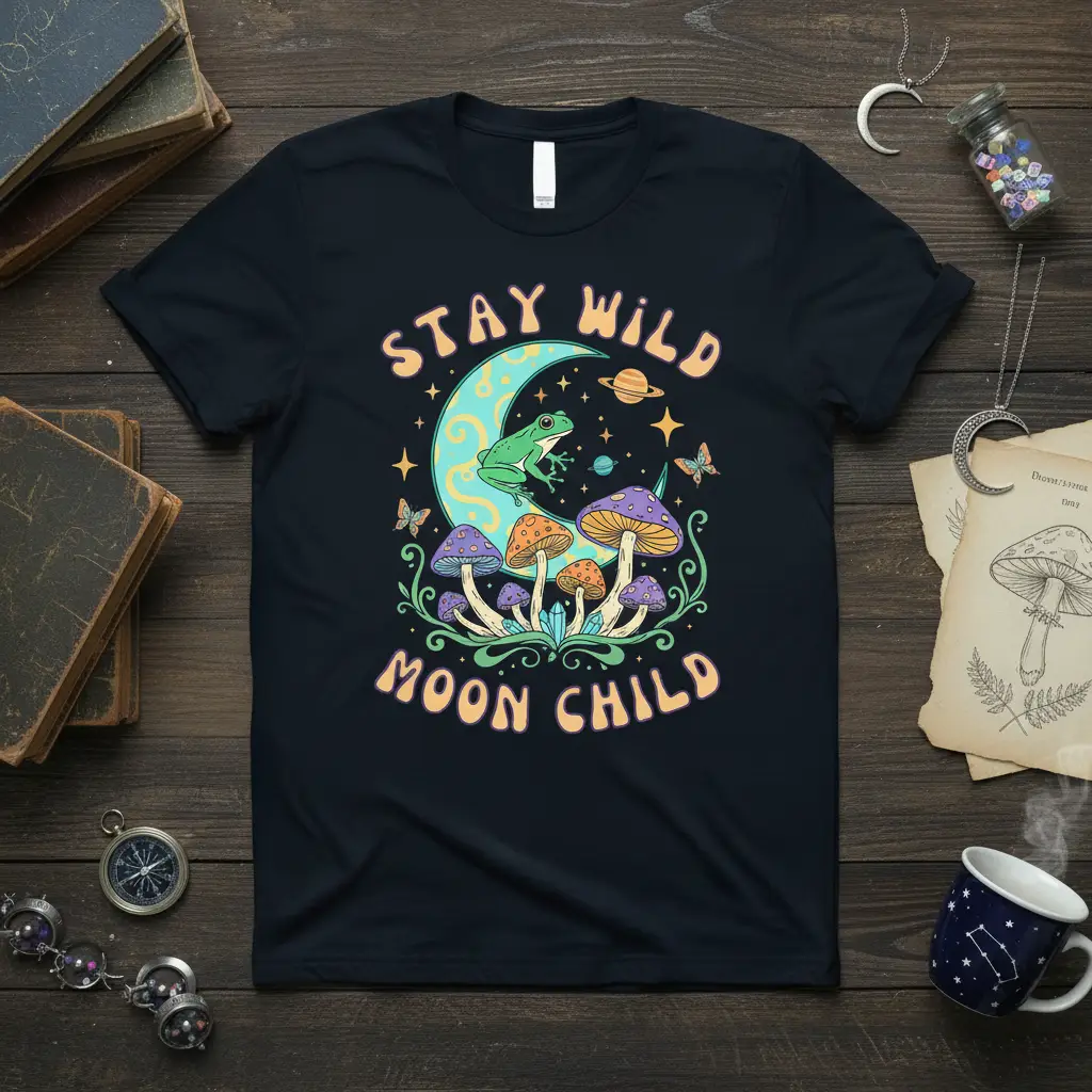 Stay Wild Moon Child quote with frog on moon and mushrooms graphic, bohemian t-shirt design