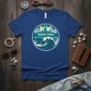 Stay Wild Ocean Child t-shirt design featuring a circular graphic with a wave, lightning bolts, and text